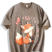 Floral Butterfly Fox Vintage Washed T-Shirt in Brown