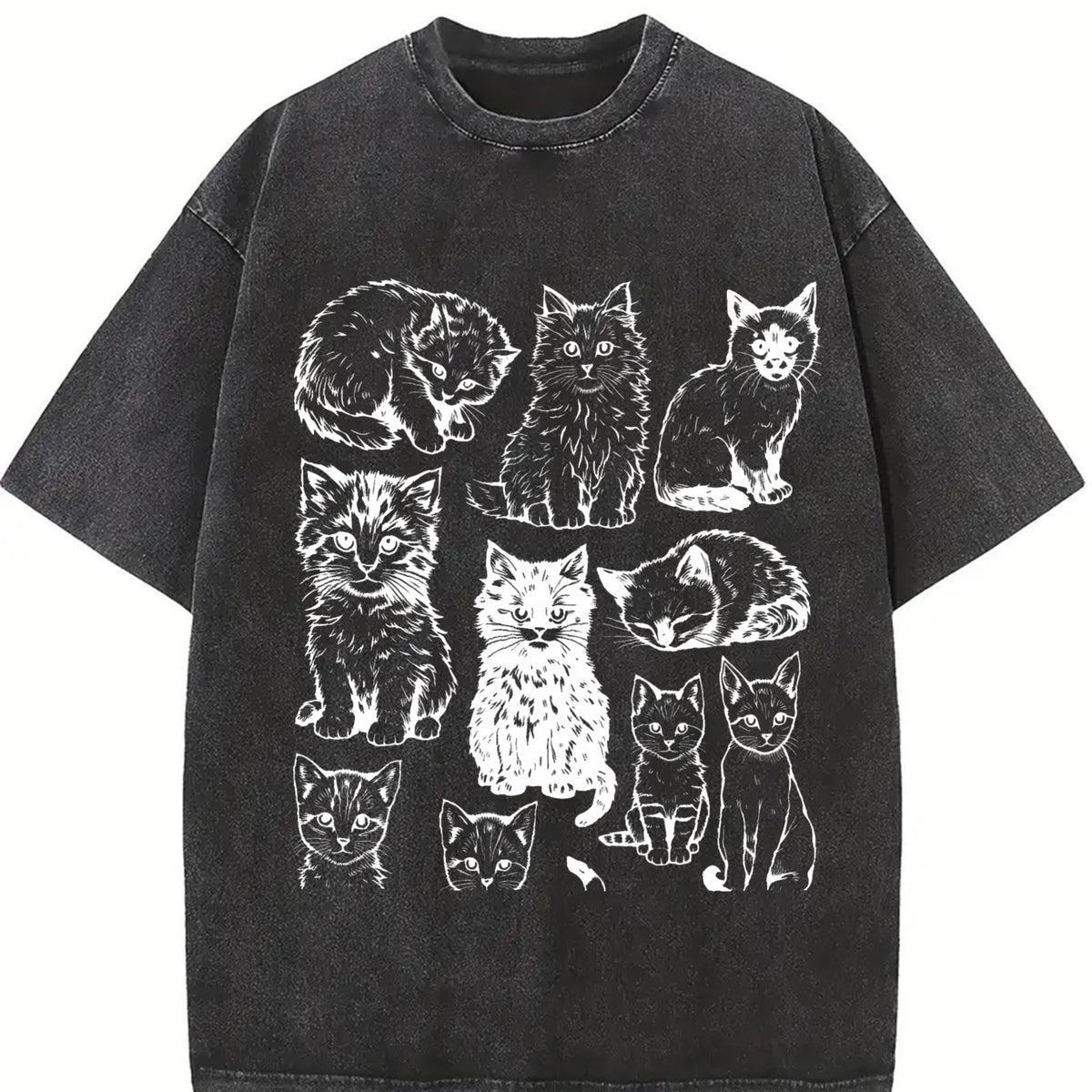Cats 90s Tattoo Retro ® Y2k Kitten Vintage Washed T-Shirt in Black