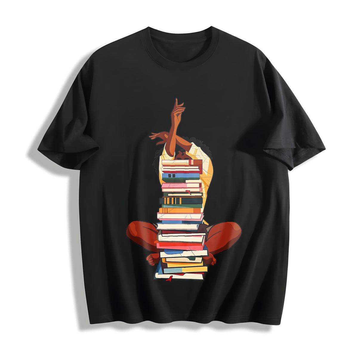 Premium Black Woman and Books Stack Afro Girl Book Lover Cotton T-Shirt in Black