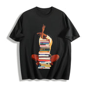 Premium Black Woman and Books Stack Afro Girl Book Lover Cotton T-Shirt in Black