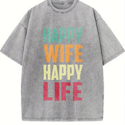 Happy Wife Happy Life Vintage Washed T-Shirt in Gray