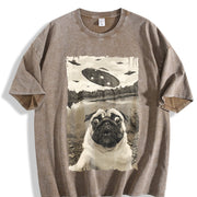 Pug UFO Encounters - UFO and Pug Selfie vintage washed oversized T-shirt in Brown