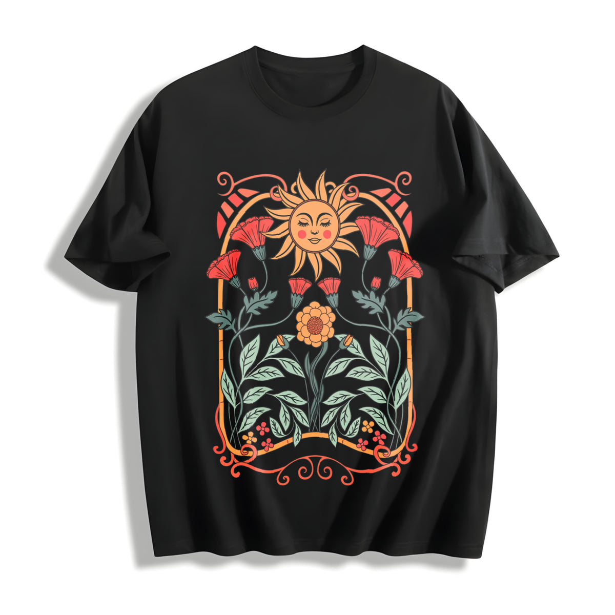 Boho Floral Art Nouveau Cotton T-Shirt in Black