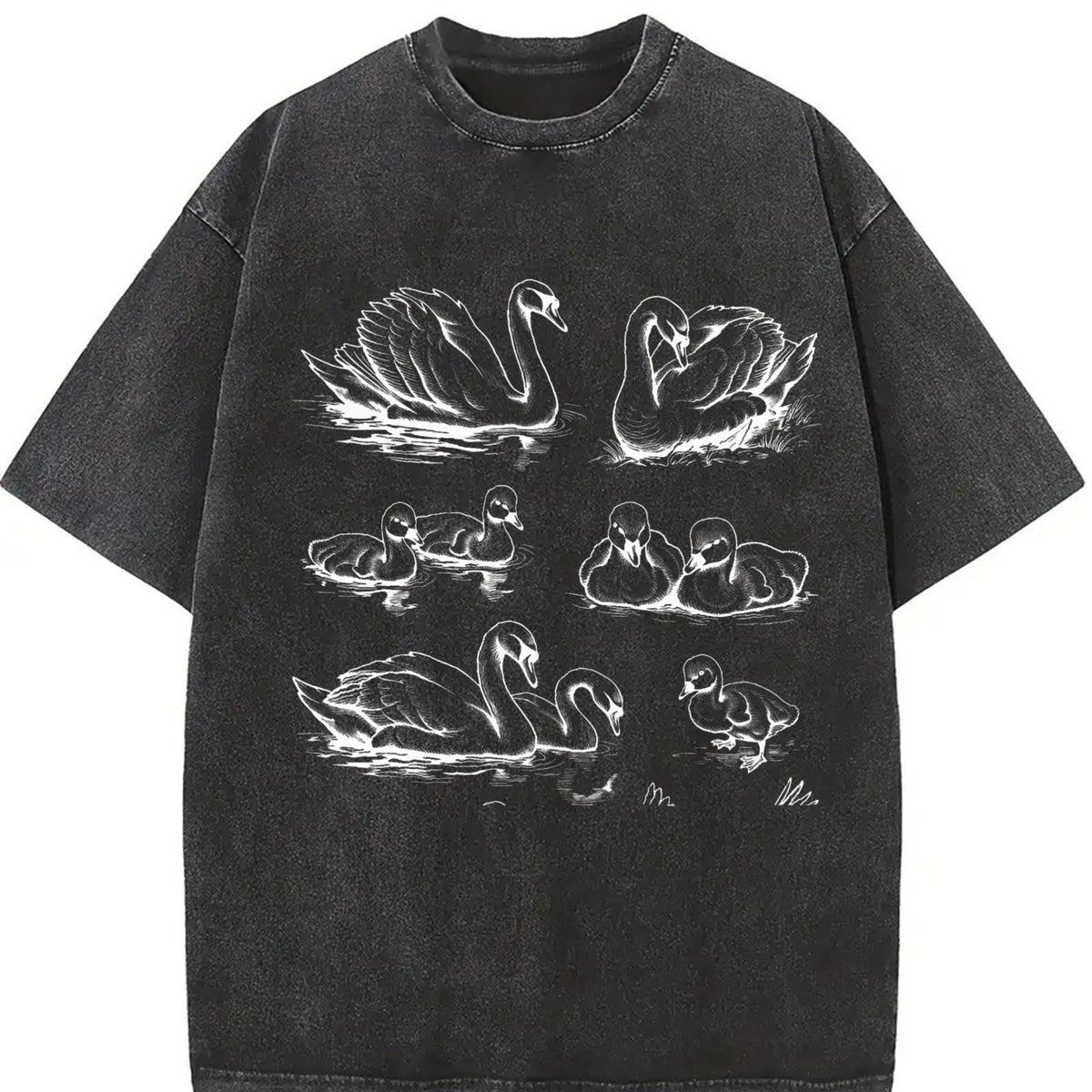 Swan 90s Tattoo Retro ® Y2k Antique Bird Sketch Vintage Washed T-Shirt in Black