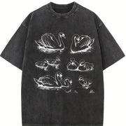 Swan 90s Tattoo Retro ® Y2k Antique Bird Sketch Vintage Washed T-Shirt in Black