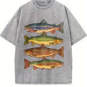 Trout fishing enthusiast fish lover and Batik vintage washed oversized T-shirt in Gray