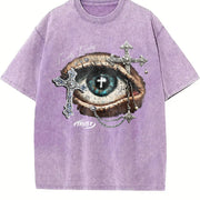 Eye & Cross Gothic Grunge Y2k Emo Scene Amity Affliction Vintage Washed T-Shirt in Purple