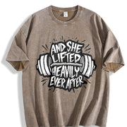And She Lifted Heavily Ever After Barbell Motivation Vintage Washed T-Shirt in Brown