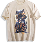 Cute Forest Animal Party Japanese- Black Robe Cat Vintage Washed T-Shirt in Beige