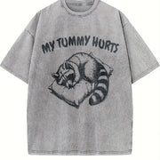 Retro Cute Raccoon My Tummy Hurts 90s Vintage Washed T-Shirt in Gray