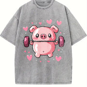 Cute Pig Lifting Barbell Heart Vintage Washed T-Shirt in Gray