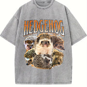 Hedgehog Animal Lover Vintage Washed T-Shirt in Gray