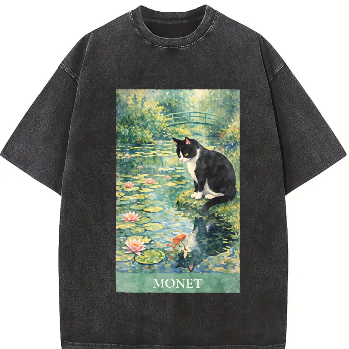 Monet Cat Art Water Lily Impressionist Vintage Washed T-Shirt in Black