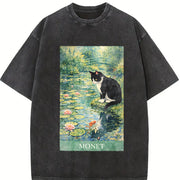 Monet Cat Art Water Lily Impressionist Vintage Washed T-Shirt in Black