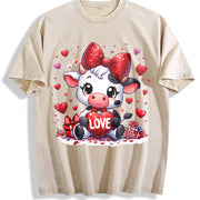 Valentine's Day Winter Cow Wearing Diamond Bow LOVE Vintage Washed T-Shirt in Beige