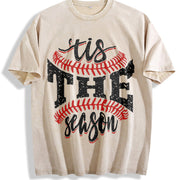 Sports Game Day Faux Glitter Tis the Season Baseball Vintage Washed T-Shirt in Beige
