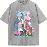 Hatsune Miku singer music anime Hip Hop vintage washed oversized T-shirt in Gray