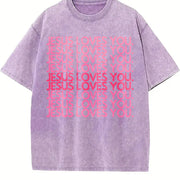 Jesus Loves You Pink Retro Christian Faith Minimalist Vintage Washed T-Shirt in Purple