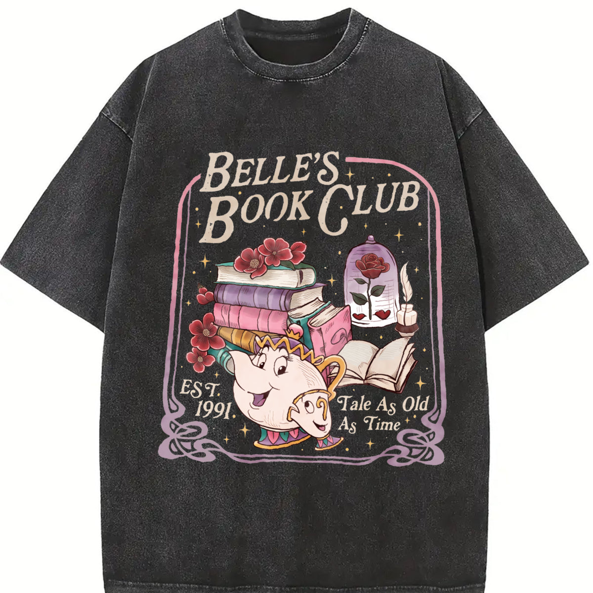 Belle's Book Club Tale as Old as Time Belle’s Book Cafe Vintage Washed T-Shirt in Black