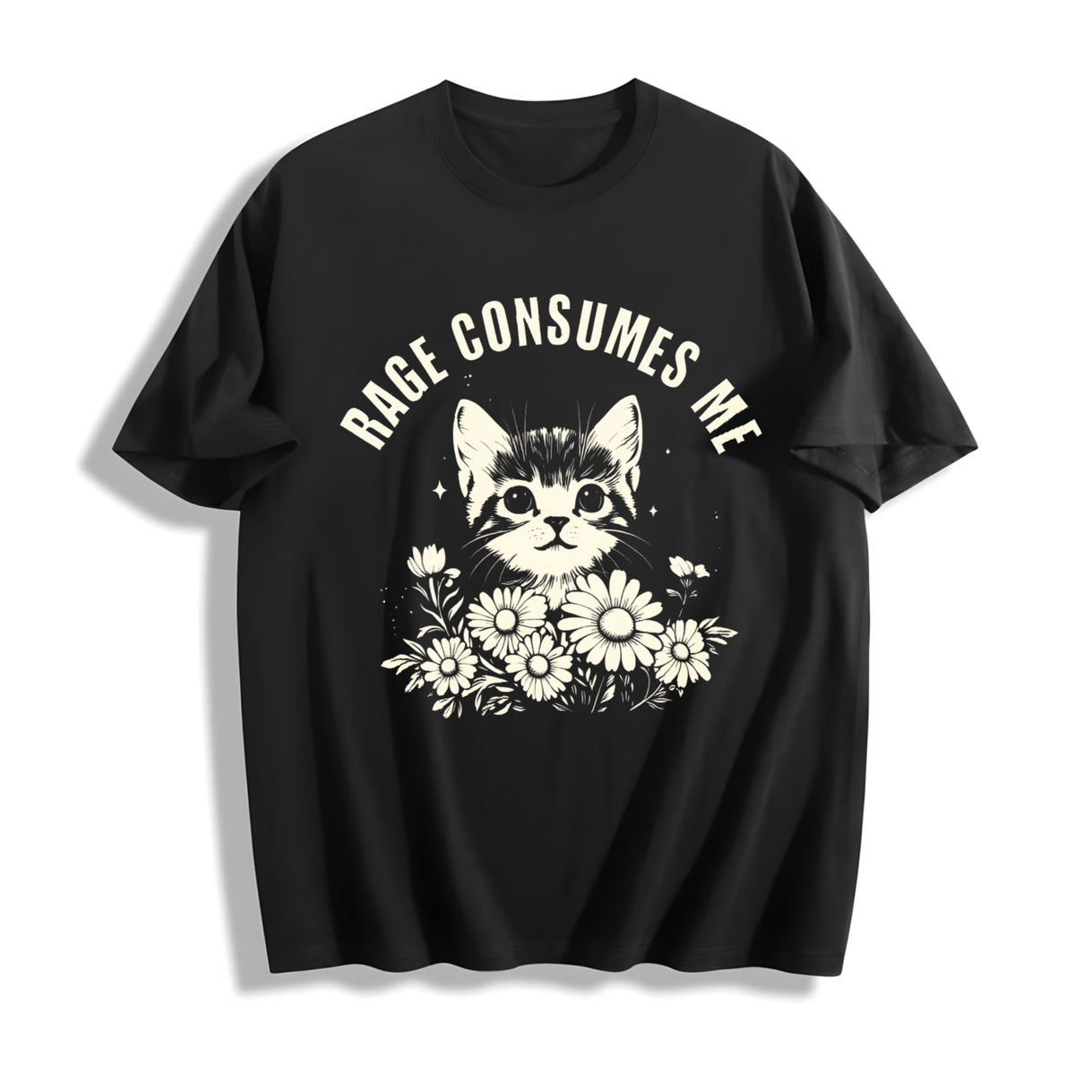Rage Consumes Me Cute Cat Meme Cotton T-Shirt in Black