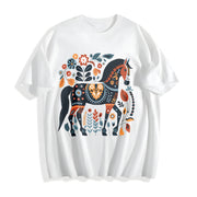 Bohemian Floral Horse One-piece Cotton T-Shirt in White