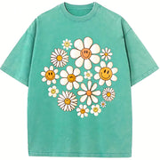 Retro Flowers Daisy Flower Vintage Washed T-Shirt in Blue