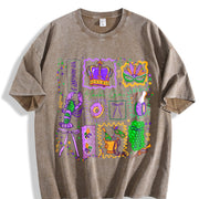 Mardi Gras Doodle Icons Vintage Washed T-Shirt in Brown