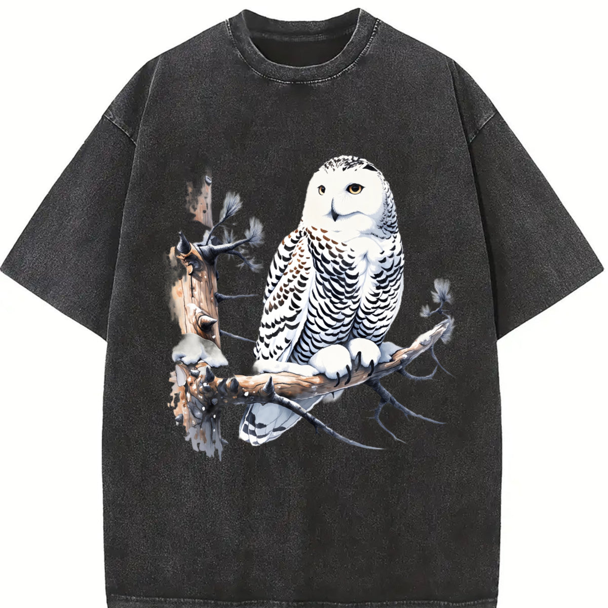 Retro Snow Owl Nature 90s Vintage Washed T-Shirt in Black