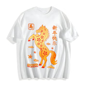Winter Golden Paper Cut Horse with Red Floral Cotton T-Shirt in White