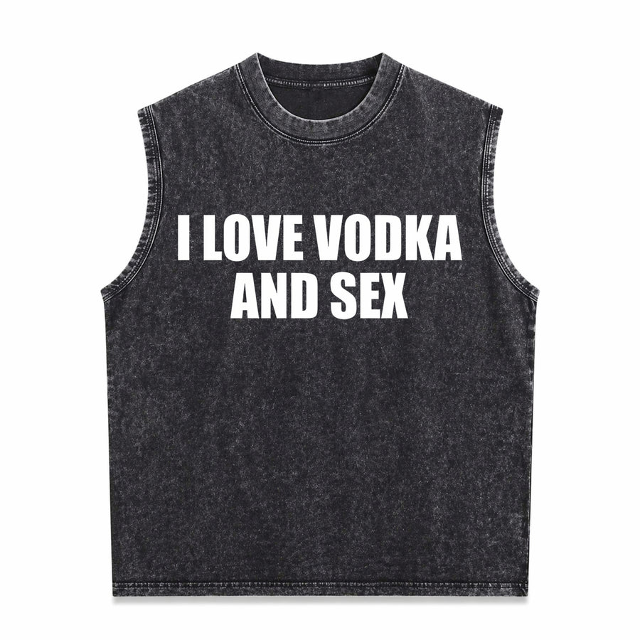 I Love Vodka and Sex Heavy Y2K Iconic Meme Club Party Bar Vintage Washed Tank Top in Black