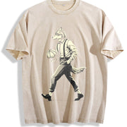 Retro Wolf Man Basketball 90s Vintage Washed T-Shirt in Beige