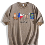 Embroidered Texas Cowboy Vintage Washed T-Shirt in Brown