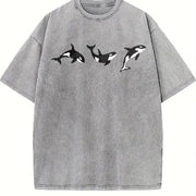 Orca Embroidered Ocean Animal Lover Vintage Washed T-Shirt in Gray