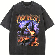 Feminism Dragon Retro Vintage Washed T-Shirt in Black