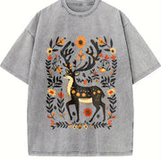 A Bohemian- Floral Moose Vintage Washed T-Shirt in Gray