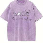 Nautical Ocean Call & Starfish Beach Vintage Washed T-Shirt in Purple