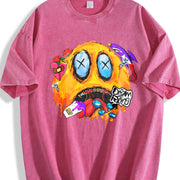 American Street Graffiti Melted Hip-hop Quirky Expression Vintage Washed T-Shirt in Red