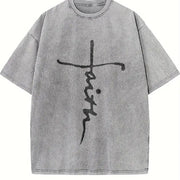 God's Brush Animated Printing Vintage Washed T-Shirt in Gray