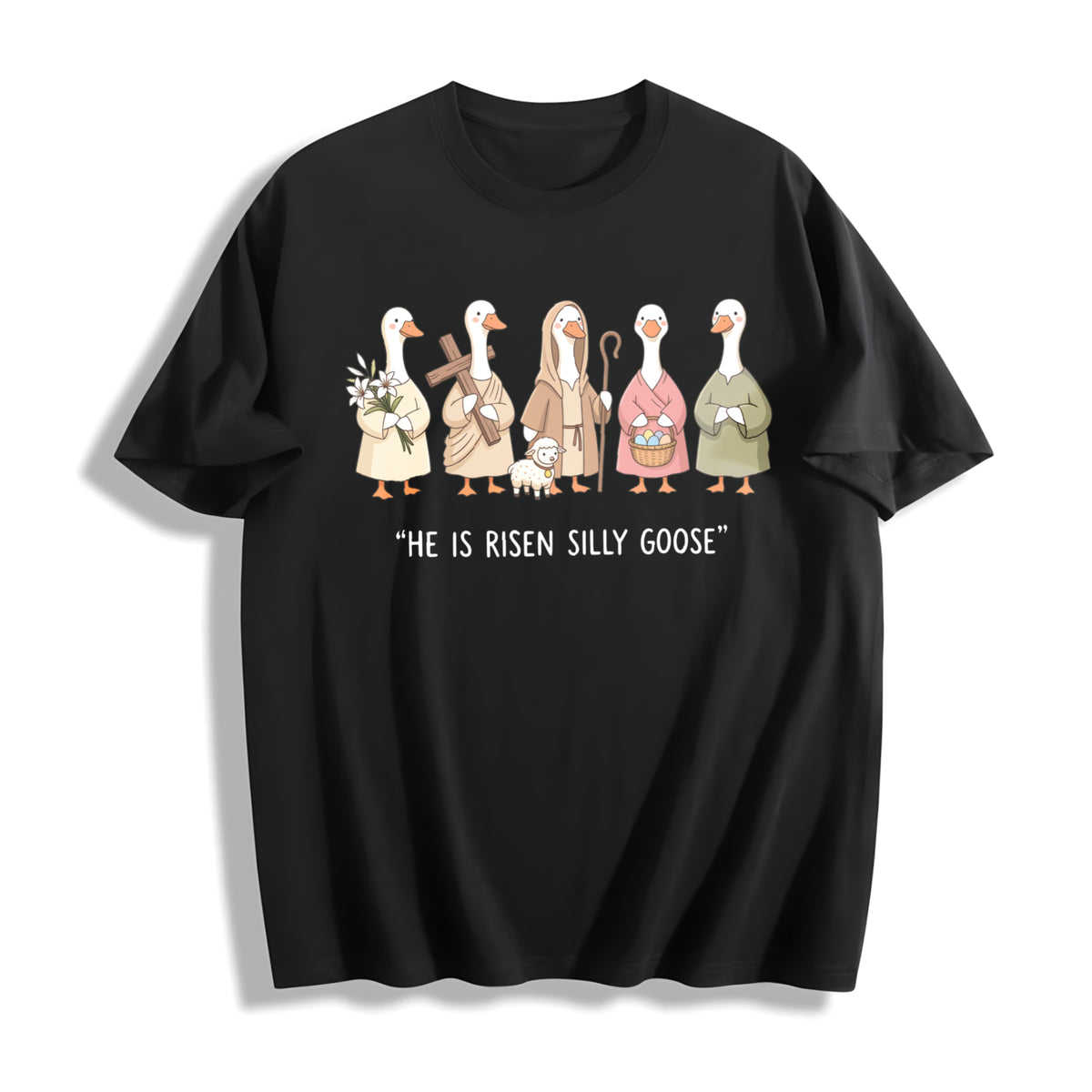 He Is Risen Silly Goose Cotton T-Shirt in Black