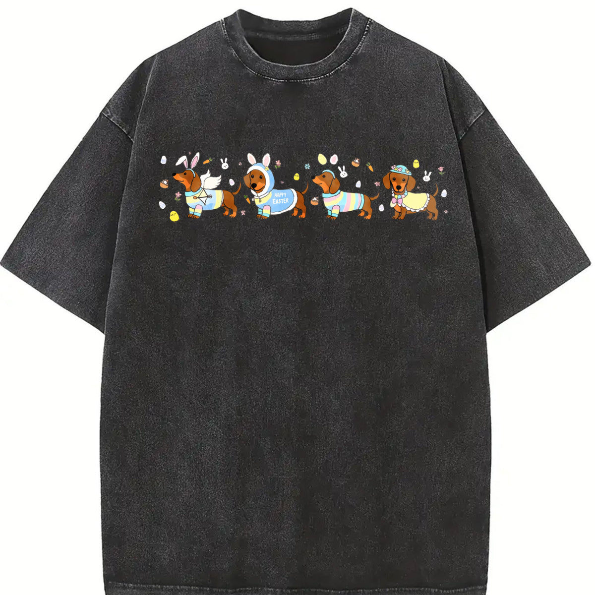Easter Dog Dachshund Happy Easter Retro Spring Dog Cute vintage washed oversized T-shirt in Black