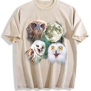 Three Owls Retro Silly Owl Moon Vintage Washed T-Shirt in Beige