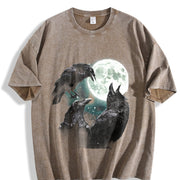 Raven Howling to Moon Vintage Washed T-Shirt in Brown