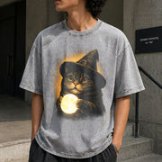 Witch Cat Moon: Retro Gothic Halloween Vintage Washed T-Shirt in Gray