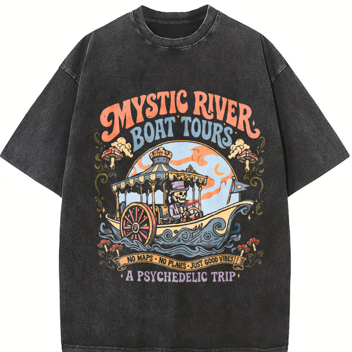 Mystic River Boat Tours Psychedelic Vintage Washed T-Shirt in Black