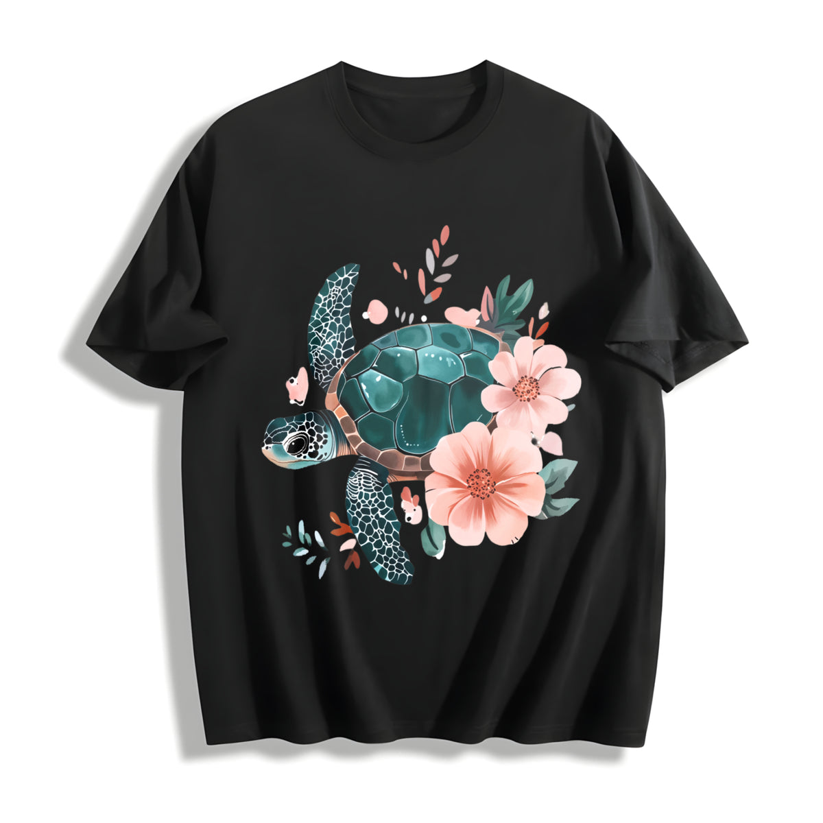Floral Turtle & Peach Blossom Cotton T-Shirt in Black