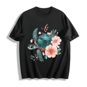 Floral Turtle & Peach Blossom Cotton T-Shirt in Black