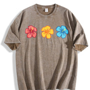 Embroidered Hibiscus Vintage Washed T-Shirt in Brown