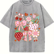 Boho Strawberry Coquette Vintage Washed T-Shirt in Gray