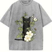 Animal Floral Cat 1pc Vintage Washed T-Shirt in Gray