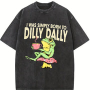 Frog on Mushroom Born to Dilly Dally Meme Vintage Washed T-Shirt in Black